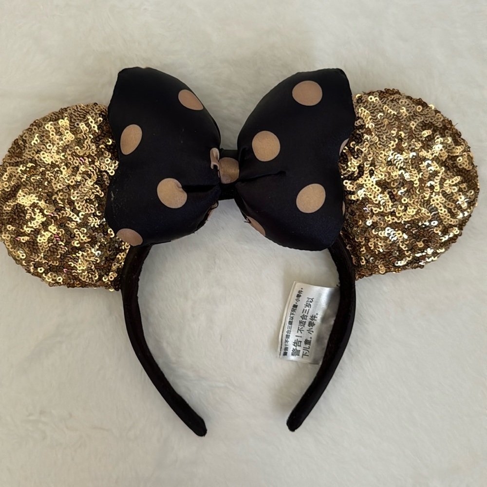 Black & Gold Minnie Mouse Ears Headband Sequined Polka Dots Bow